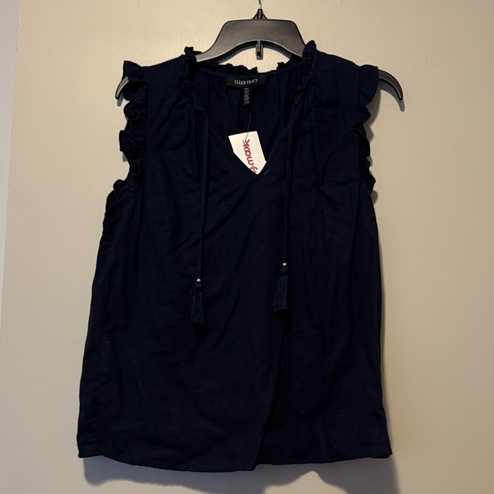 Navy Blue Sleeveless Ruffle Blouse